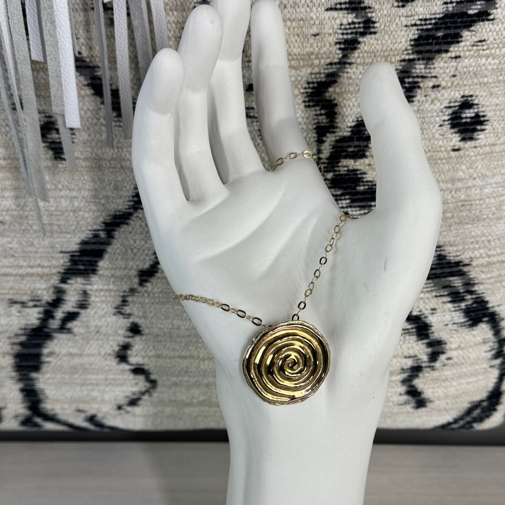 Technibond Gold over SS 18” Link Necklace with Large Modern Spiral Swirl Pendant